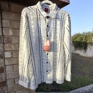 Suslo Collection Sexy Sheer White Floral Lace Button Sleeved Shirt Men Size XL